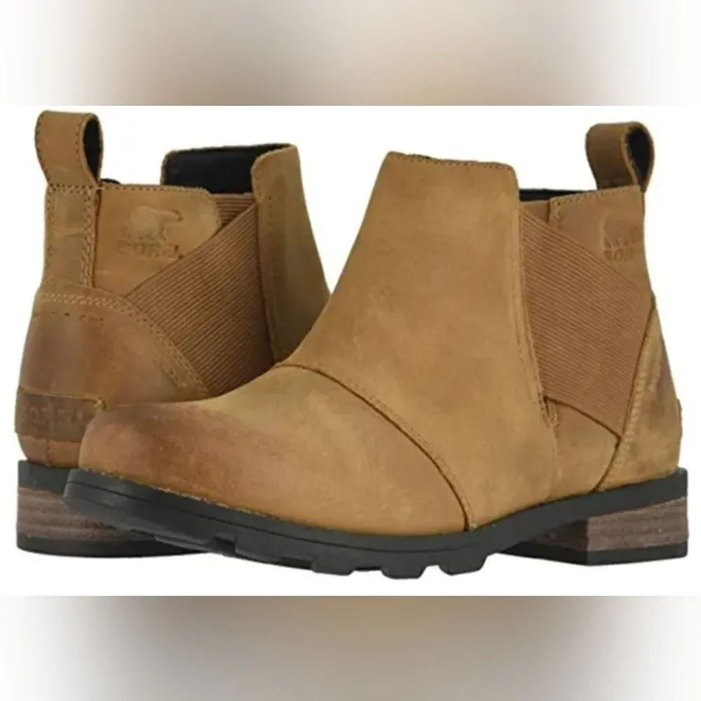 Sorel Emelie Camel Tan Brown Oiled Leather Waterproof Chelsea Ankle Boots Bootie_9